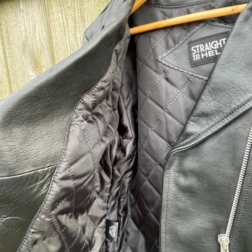 Straight To Hell Black Leather Moto Jacket Size L - Picture 6 of 12